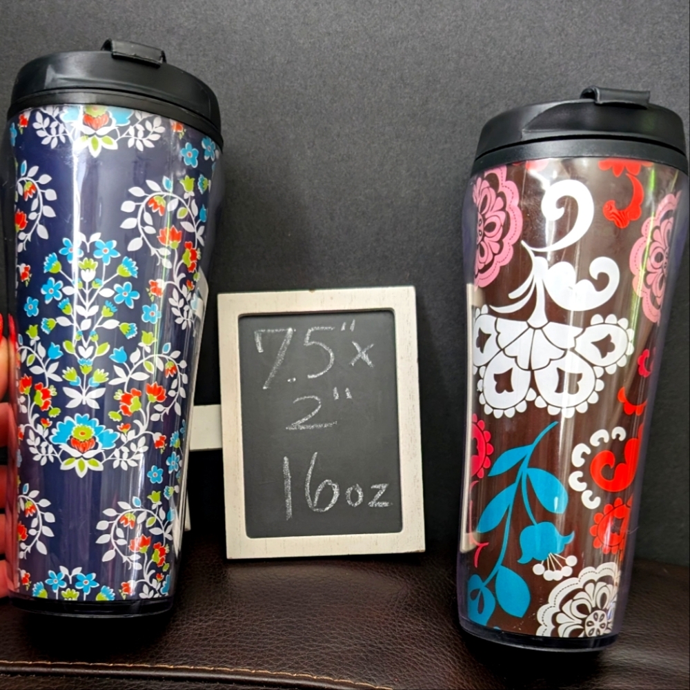 Vera Bradley 2 16oz lidded floral double walled plastic insulated travel cups‎